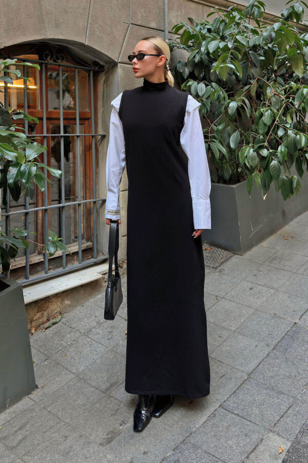 uzun kolları beyaz siyah elbise - Görsel 3