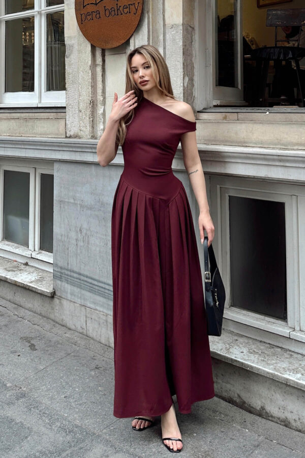 Bordo Verev Yaka Asimetrik Bel Pileli Kadın Midi Elbise(örnek) - Görsel 8