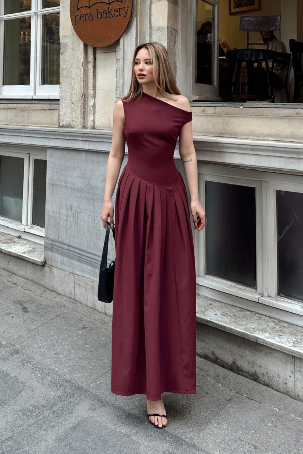 Bordo Verev Yaka Asimetrik Bel Pileli Kadın Midi Elbise(örnek)