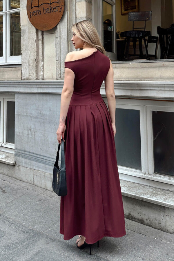 Bordo Verev Yaka Asimetrik Bel Pileli Kadın Midi Elbise(örnek) - Görsel 12