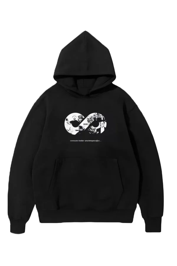 10 Kasıma Özel Üç İplik Kapüşonlu Baskılı SweatShirt - Siyah - Görsel 2