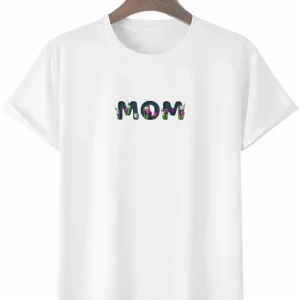 Anneler Gününe Özel Tasarım mom Çiçek Baskılı T-shirt - Beyaz