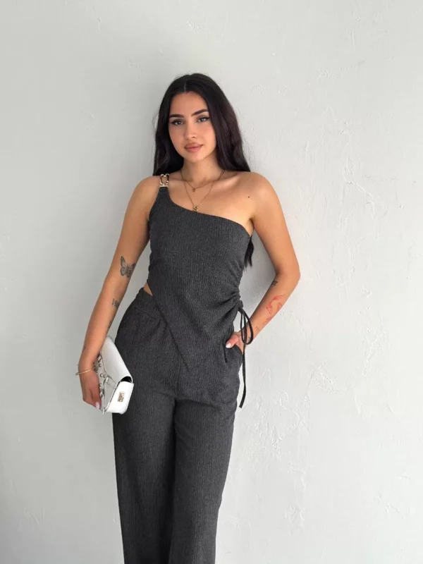 Asimetrik Crop Pantalon ikili Takım - Füme - Görsel 2