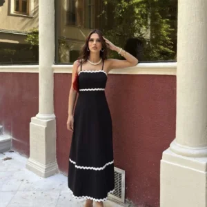 Askılı Uzun Şerit Detaylı Şık ve Rahat Elbise - Siyah