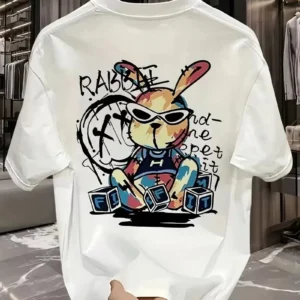 Güneş Gözlüğü Grafikli Karikatür Tavşan Oversize Kısa Kollu Tişört Çift Tişört, İlkbahar Ve Yaz - Beyaz