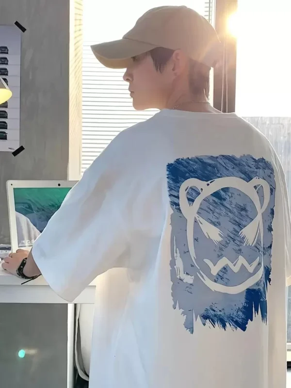 20/1 Penye Compack Bisiklet Yaka Kore tarzı sevimli ayı baskı Kısa Kol Erkek t-shirt - Beyaz - Görsel 2