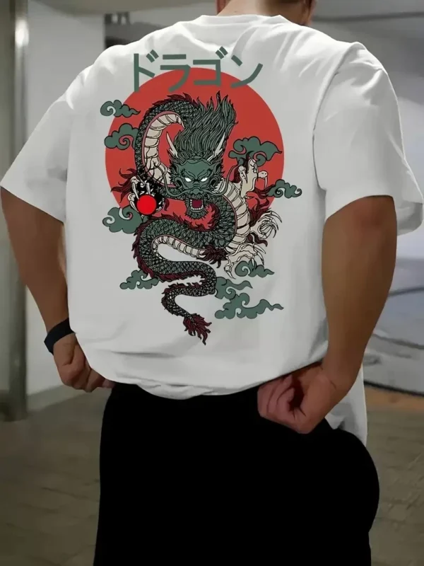 20/1 Penye Compack Ön Arka Ejder Baskılı Oversize Bisiklet Yaka T-shirt - Beyaz