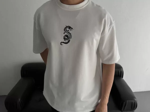 Baskılı Oversize Bisiklet Yaka T-shirt - Beyaz - Görsel 2
