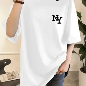 Kadın Eğlenceli Harf NY Baskılı Bisiklet Yaka Tişört - Rahat Polyester, Makinede Yıkanabilir - Yaz ve Fitness için Mükemmel, Yuvarlak Yaka- Beyaz