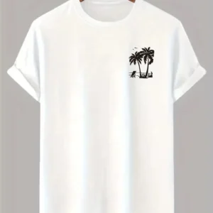 20/1 Penye Compack Palmiye Ön Baskılı Oversize Bisiklet Yaka Kısa Kol Yazlık T-shirt - Beyaz