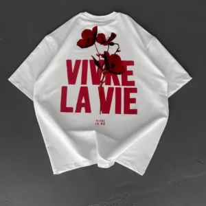Baskılı Oversize Bisiklet Yaka T-shirt - Beyaz