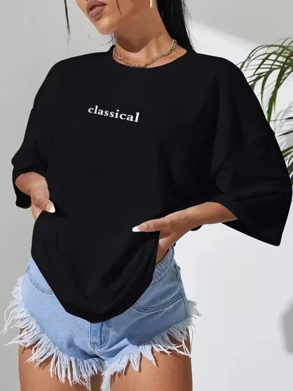 20/1 Penye Compack Classical Baskılı Siyah Oversize Tişort - Siyah - Görsel 2
