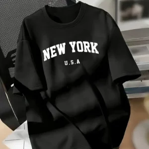 20/1 Penye Compack New York Baskılı Oversize Kısa Kol Bisiklet Yaka T-shirt - Siyah