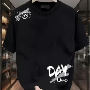 20/1 Penye Compack Day One Baskılı Oversize Bisiklet Yaka T-shirt - Siyah
