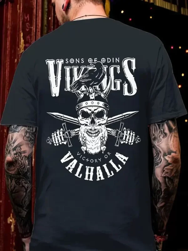 20/1 Penye Compack Vikings Valhalla Baskılı Oversize Bisiklet Yaka T-shirt - Siyah - Görsel 2