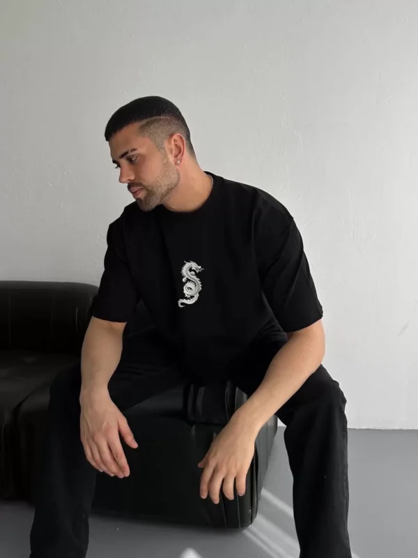 Baskılı Oversize Bisiklet Yaka T-shirt - Siyah - Görsel 2