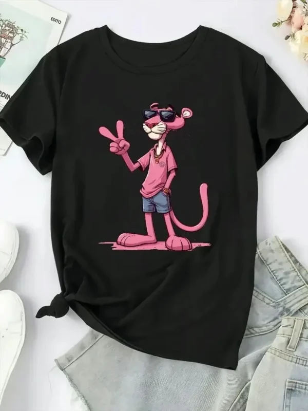 20/1 Penye Compack Pembe Panter Baskılı Oversize Bisiklet Yaka Kısa Kol Yazlık T-shirt - Beyaz - Görsel 2