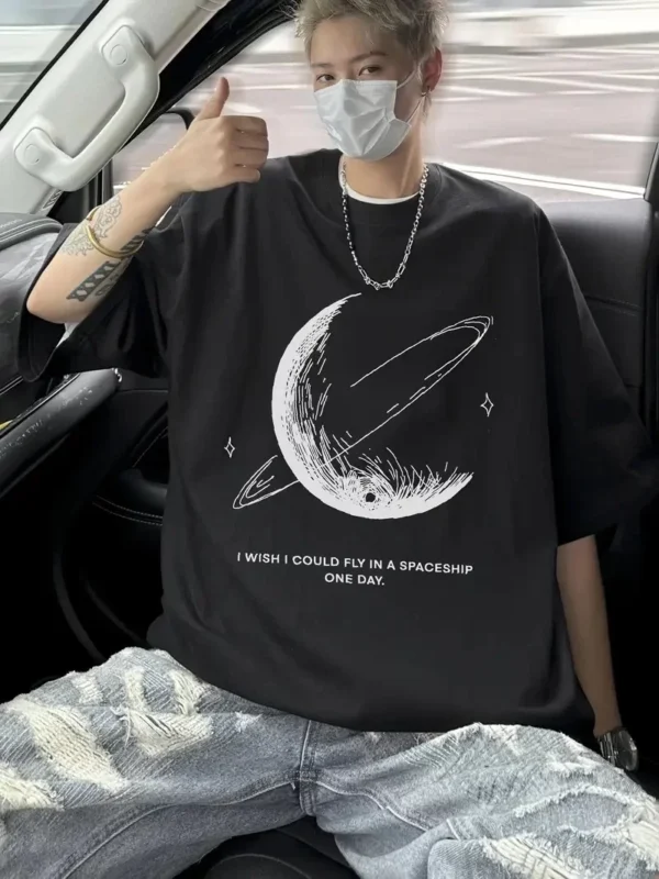 Erkekler için Siyah Tişört Grafik Genç Emo Vintage Gotik Rahat Büyük Beden Kısa Kollu Tişört Giysi Üst- Siyah - Görsel 2