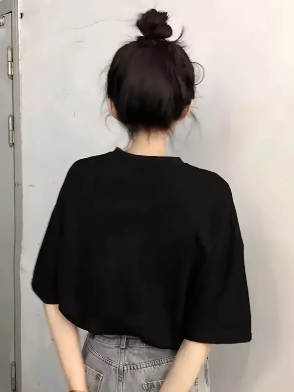 20/1 Penye Compack Baskılı Oversize Kısa Kol Bisiklet Yaka T-shirt - Siyah - Görsel 2
