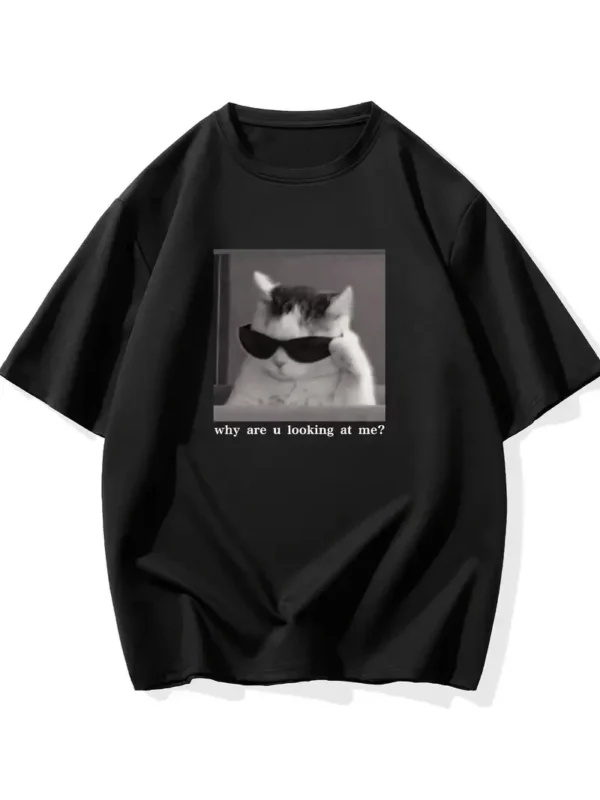 "Neden Bana Bakıyorsun?" Komik Kedi Grafik Tişört - Dijital Baskılı Siyah Bol Kesim Streetwear Tişört, Erkekler için Dört Mevsim Günlük Gömlek - Siyah