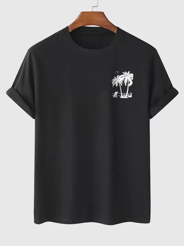 20/1 Penye Compack Palmiye Ön Baskılı Oversize Bisiklet Yaka Kısa Kol Yazlık T-shirt - Siyah