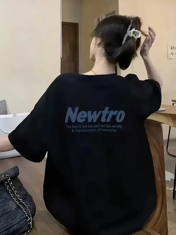 Newtro Baskılı Oversize Bisiklet Yaka T-shirt - Siyah