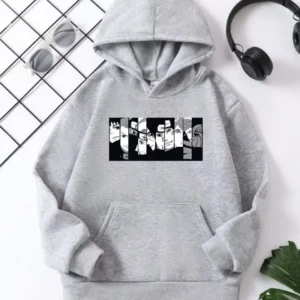 Çocuk Unisex Kapüşonlu Koyu Anime Baskılı Sweatshirt - Gri