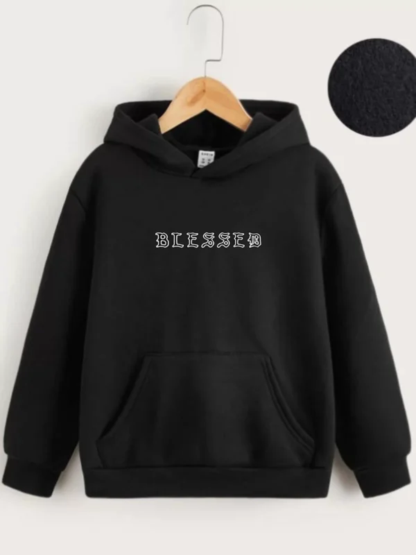 Çocuk Unisex Kapüşonlu Ön ve Arka Blessed Baskılı Sweatshirt - Siyah - Görsel 2