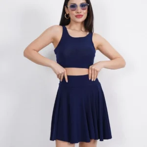 Sendy Kumaş Bisiklet Yaka Crop Şortlu Etek ikili Takım - Lacivert