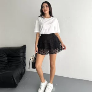 Dantel Beli Lastikli Şortlu Mini Etek - Siyah