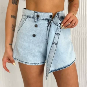 Kot Jeans Kesimetrik Kesim Cepli Şortlu Etek - Gri