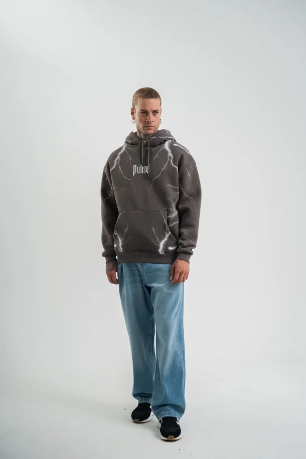 Double Oversize Kapşonlu Şimşek Pano Baskılı SweatShirt - Füme - Görsel 2