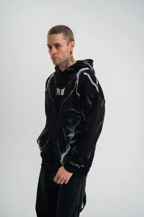 Double Oversize Kapşonlu Şimşek Pano Baskılı SweatShirt - Siyah - Görsel 2