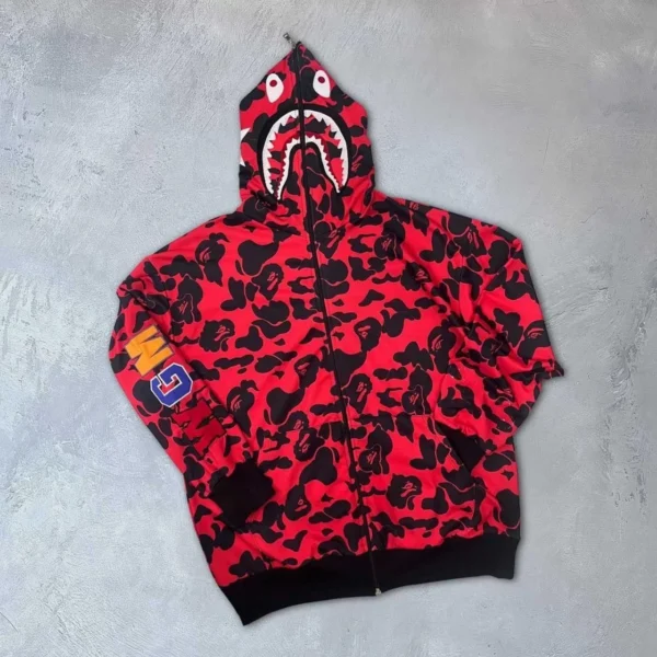 Unisex 2 İplik Bape Kapüşonu Fermuarlı Hırka - Kırmızı - Görsel 2