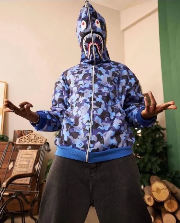 Unisex 2 İplik Bape Kapüşonu Fermuarlı Hırka - Mavi - Görsel 2