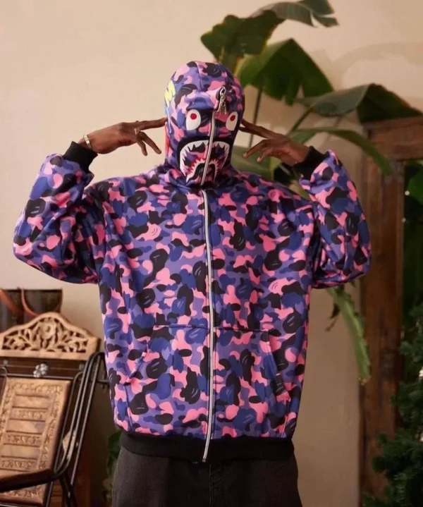 Unisex 2 İplik Bape Kapüşonu Fermuarlı Hırka - Mor - Görsel 2