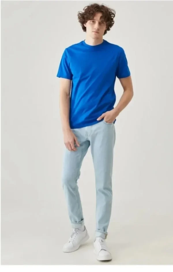 Erkek 24/1 Düz A Kalite Oversize T-shirt - Mavi - Görsel 2