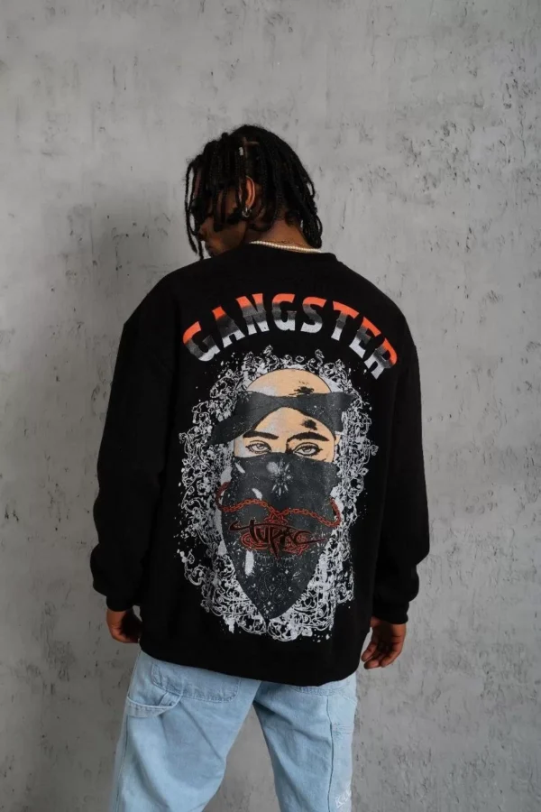 Erkek 3 İplik Gangster Baskılı Sweatshirt - Siyah - Görsel 2