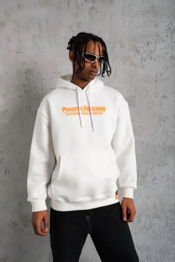 Erkek Armalı Baskılı Kapüşonlu Sweatshirt - Beyaz - Görsel 2