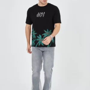 Erkek Baskılı Bisiklet Yaka T-Shirt - Siyah