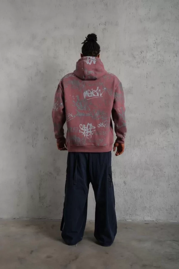 Erkek Baskılı Kapüşonlu Ribanalı Sweat - Gül Kurusu - Görsel 2