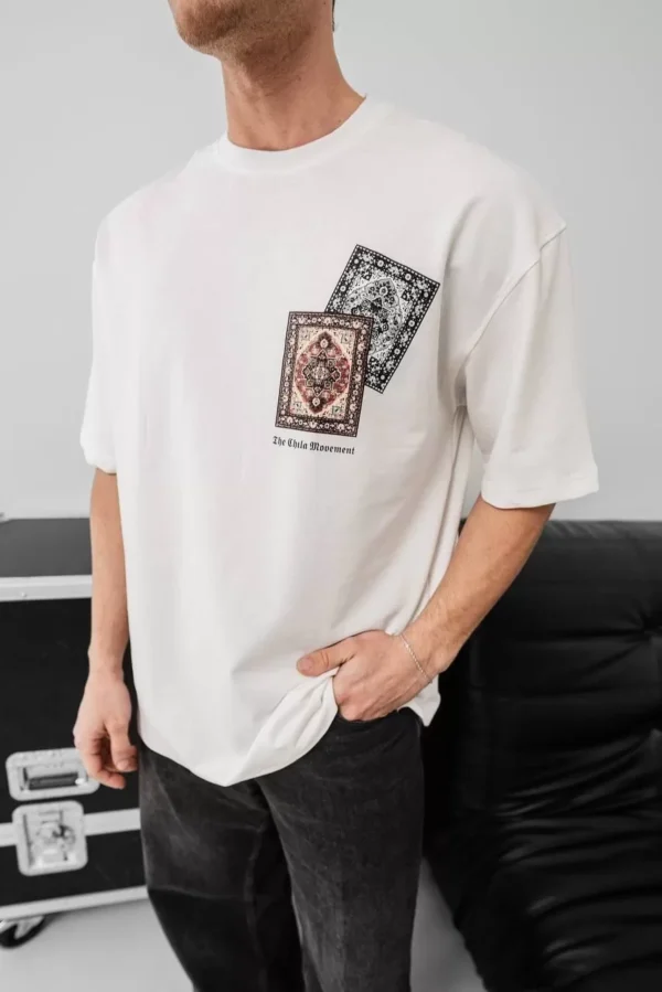 Erkek Baskılı Oversize T-shirt - Beyaz - Görsel 2