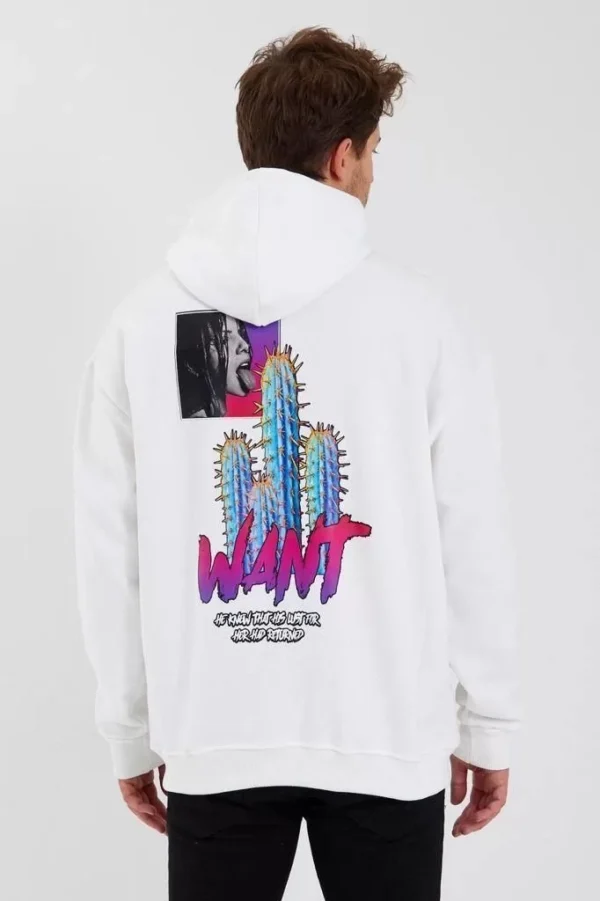 Erkek Baskılı Üç İplik Kapüşonlu Oversize Sweatshirt - Beyaz - Görsel 2