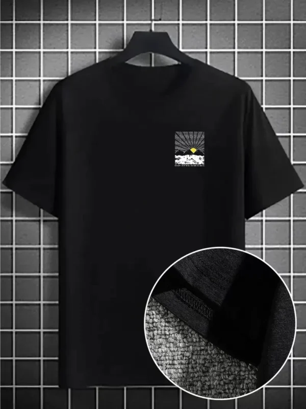 Erkek Dağ Grafikli Tişört, Yaz için Büyük Beden Rahat T-shirt - Siyah