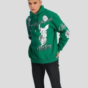Erkek Kapüşonlu Strong Heykel Baskılı Sweatshirt - Yeşil