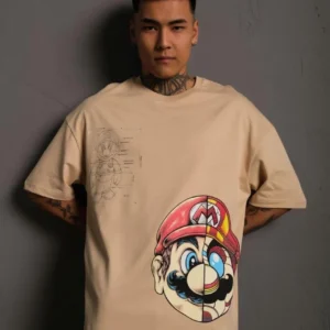 Erkek Mario Baskılı Oversize T-Shirt - Bej