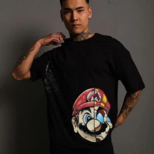 Erkek Mario Baskılı Oversize T-Shirt - Siyah