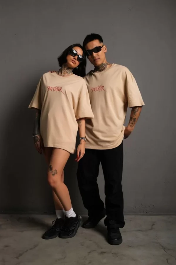 Erkek Sırt Baskılı Oversize T-shirt - Bej - Görsel 2