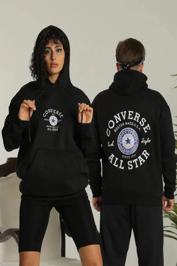 Erkek Sırt Baskılı Oversize Üç İplik Kapüşonlu Hoodie Sweatshirt - Siyah - Görsel 2