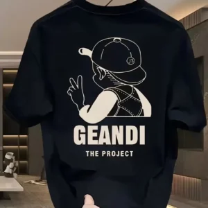 Geniş Kesim Pamuklu Tişört - "GANDHI The Project" Baskılı, Siyah, Rahat Kesim, Kısa Kollu, Günlük Kıyafet, Her Gün Giyilebilecek Tişört- Siyah